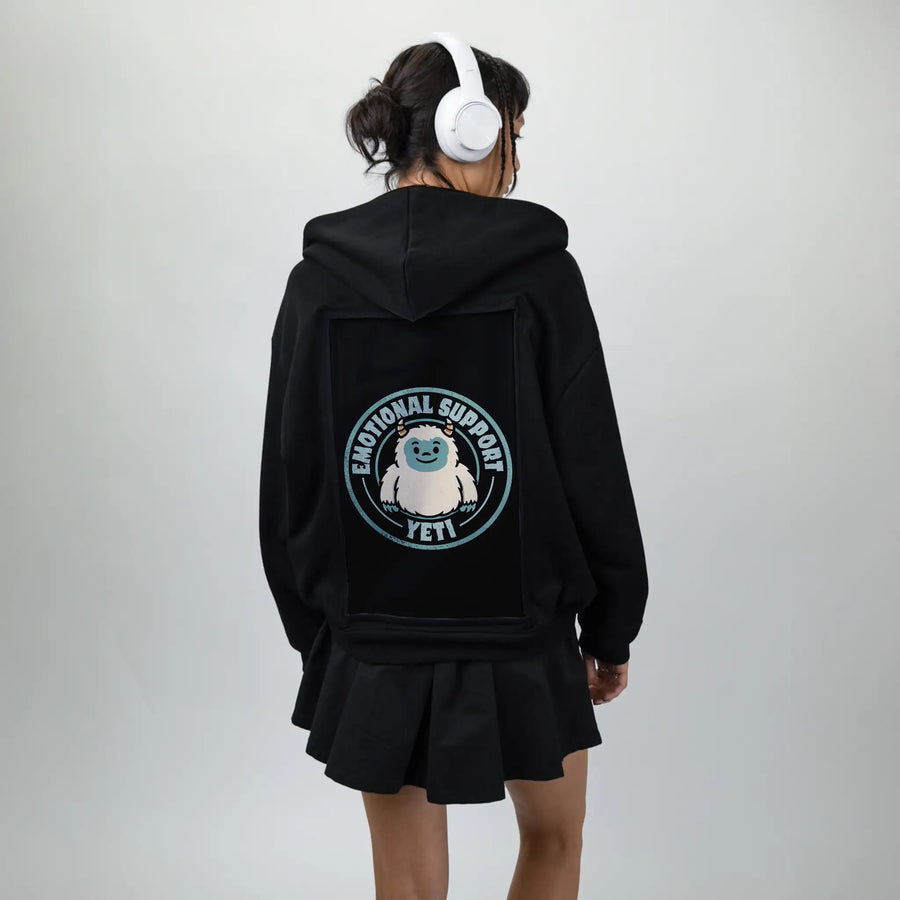 supportyeti patch on female essential zip hoodie in after hours
