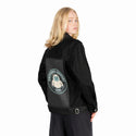 supportyeti patch on female og denim jacket in raven