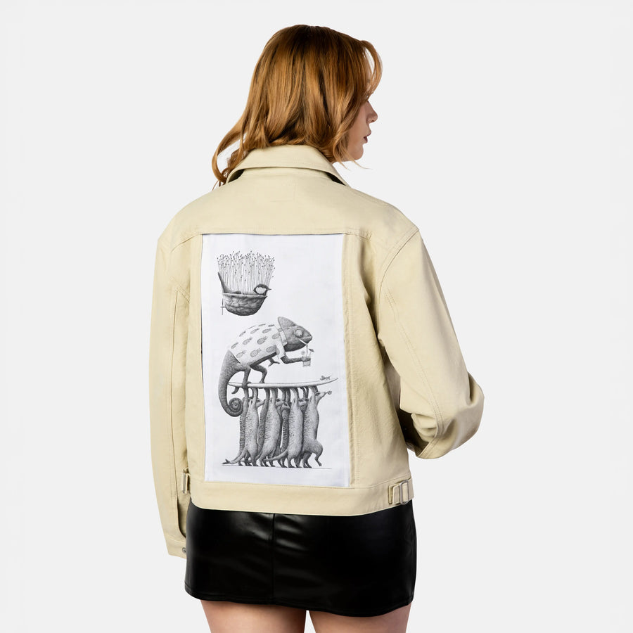 surfingchameleon patch on female atelier canvas jacket in tan