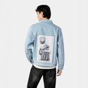 surfingchameleon patch on male og denim jacket in oceanside