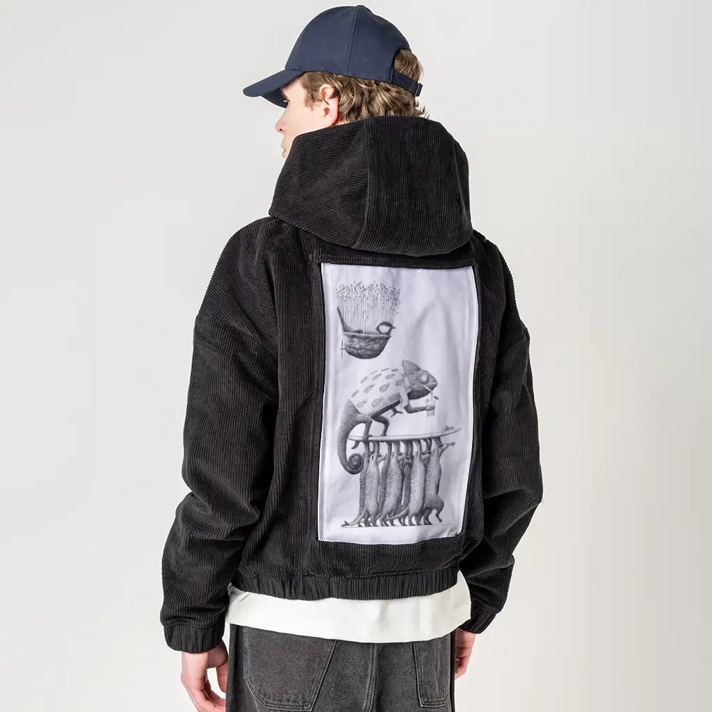 surfingchameleon patch on male retro cord hoodie in onyx