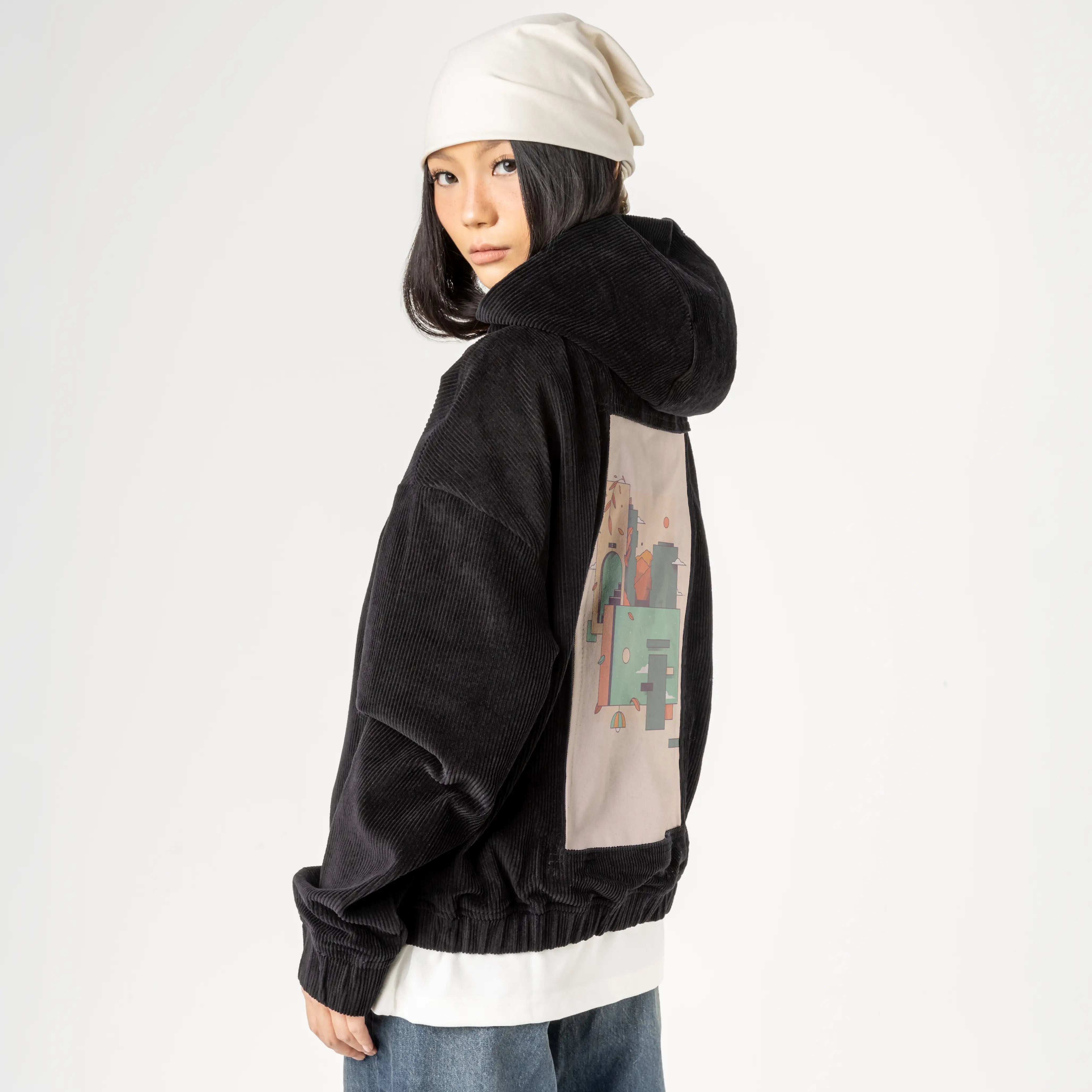 surrealdaysi patch on female retro cord hoodie in onyx