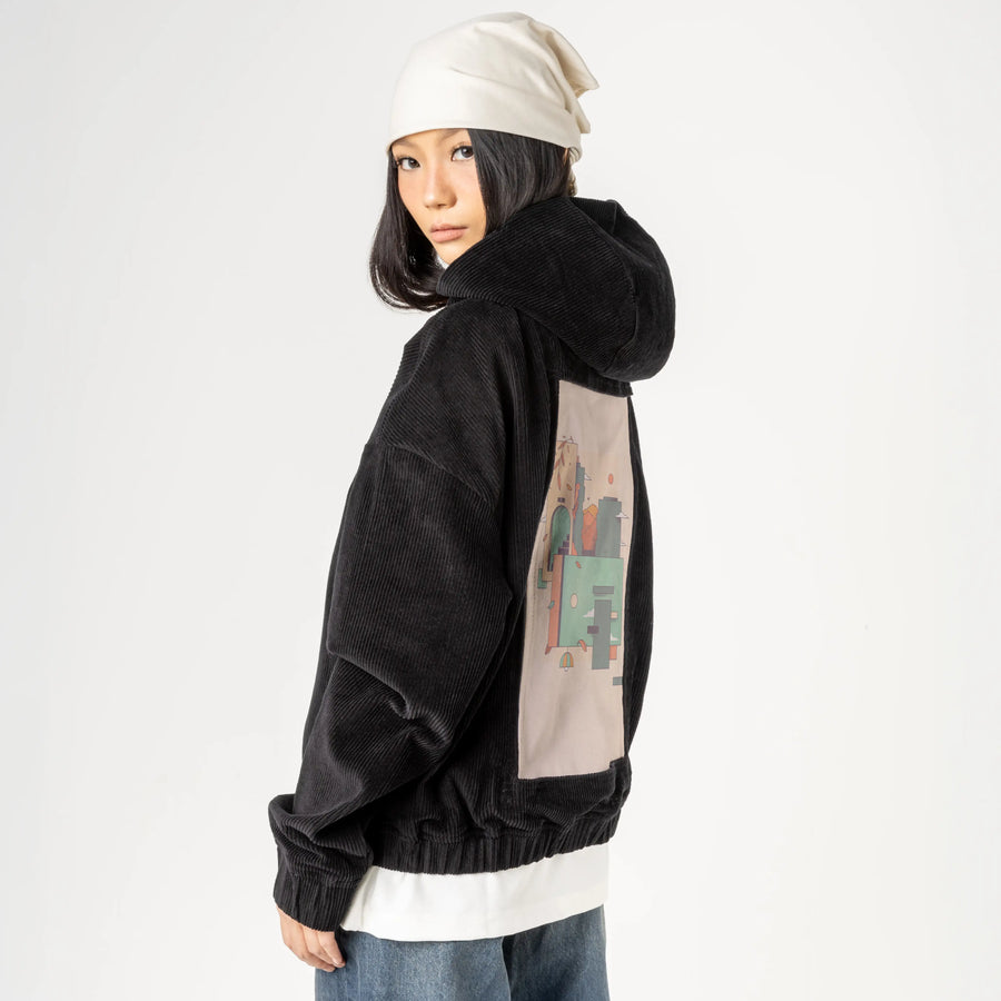 surrealdaysi patch on female retro cord hoodie in onyx