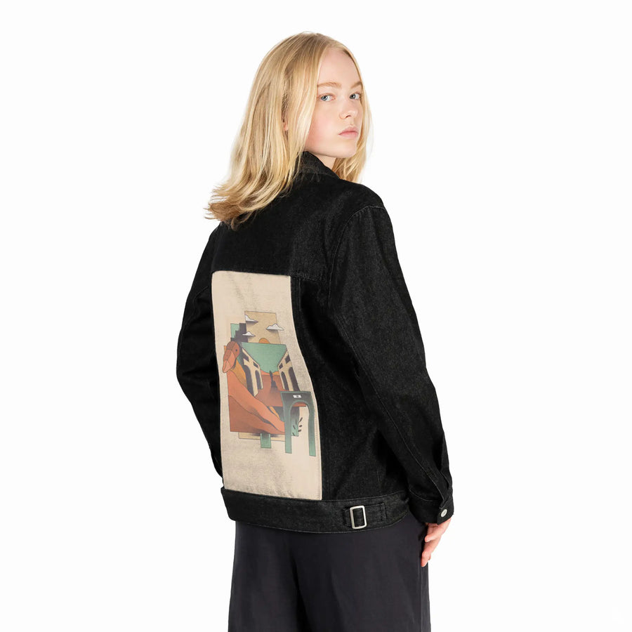 surrealdaysiv patch on female og denim jacket in raven