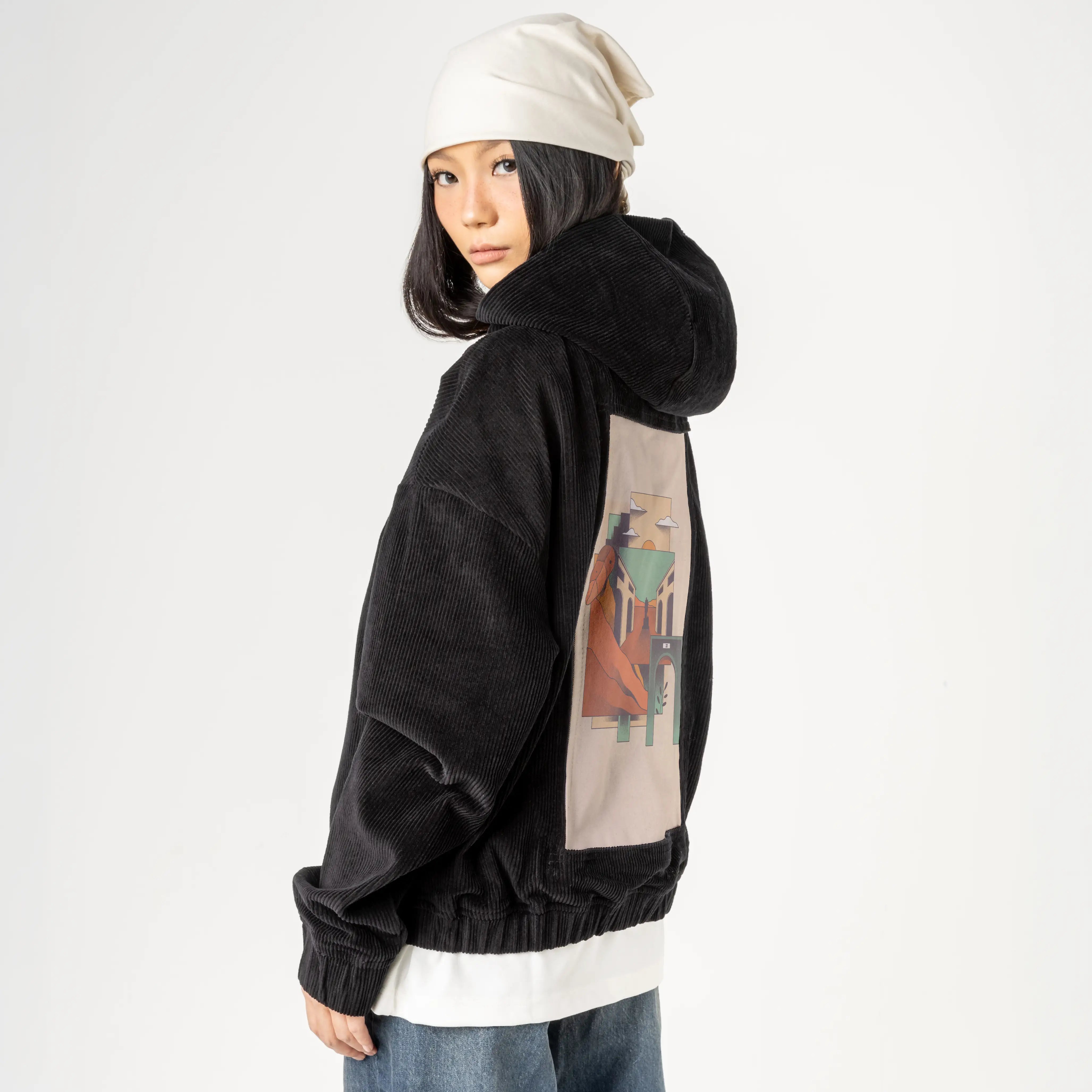 surrealdaysiv patch on female retro cord hoodie in onyx