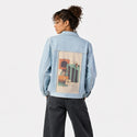 surrealdaysv patch on female og denim jacket in oceanside
