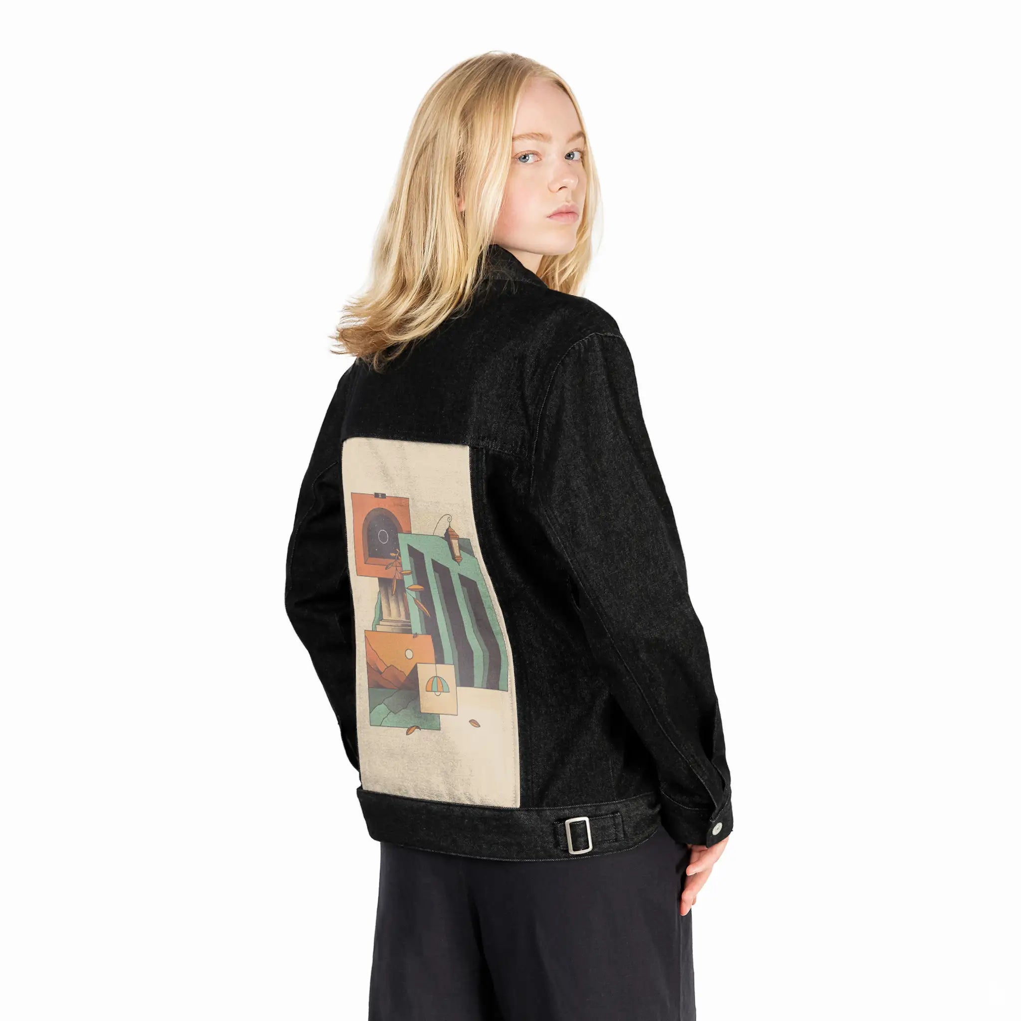 surrealdaysv patch on female og denim jacket in raven