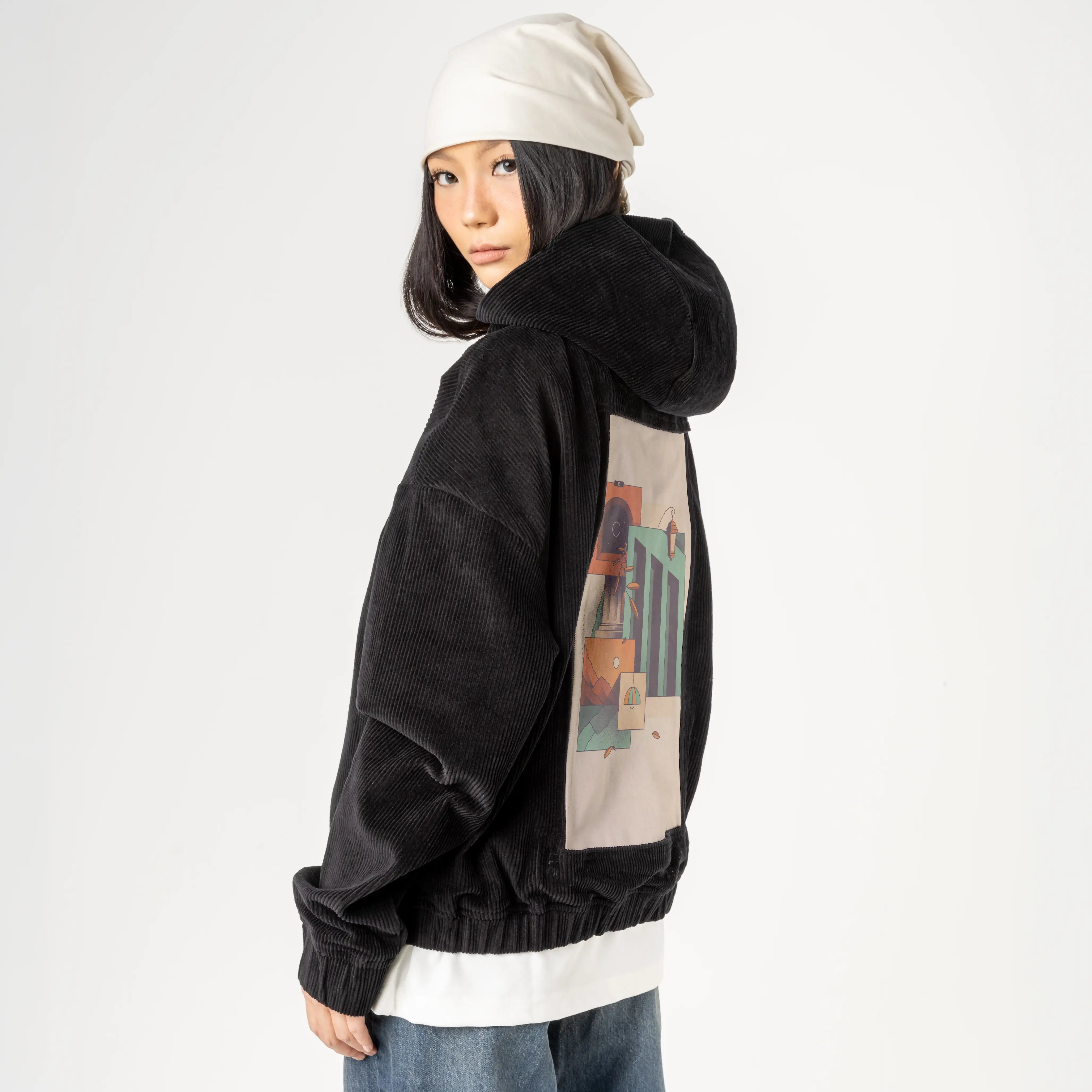surrealdaysv patch on female retro cord hoodie in onyx