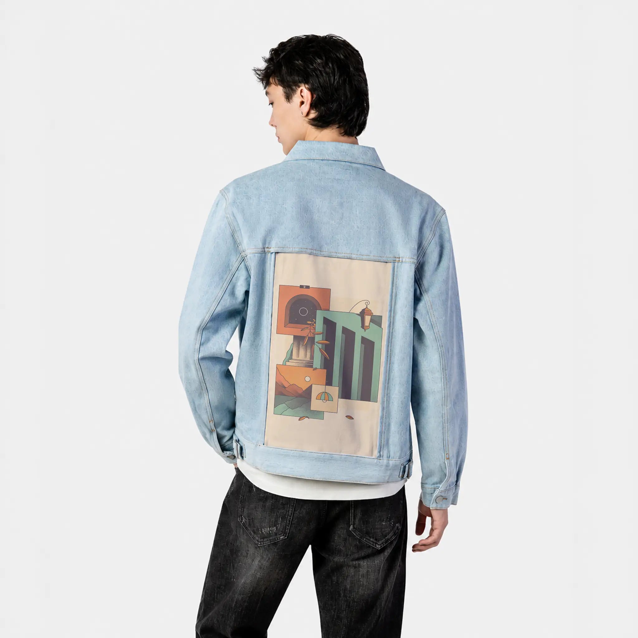 surrealdaysv patch on male og denim jacket in oceanside