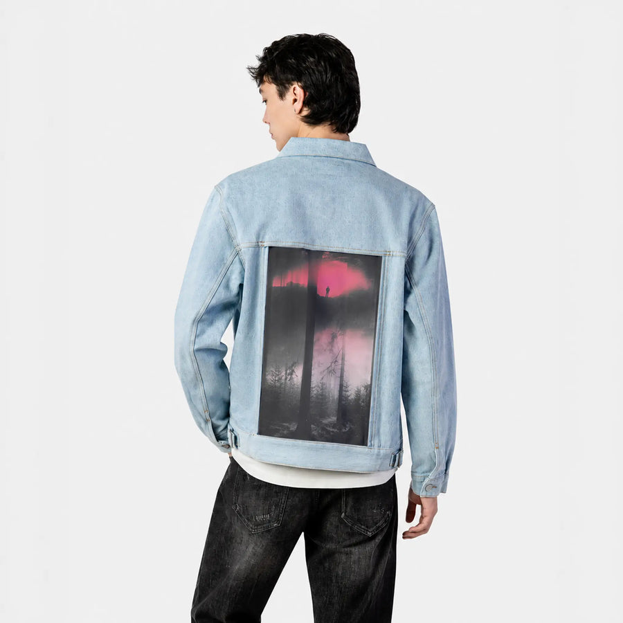 surrealforestdreamer patch on male og denim jacket in oceanside