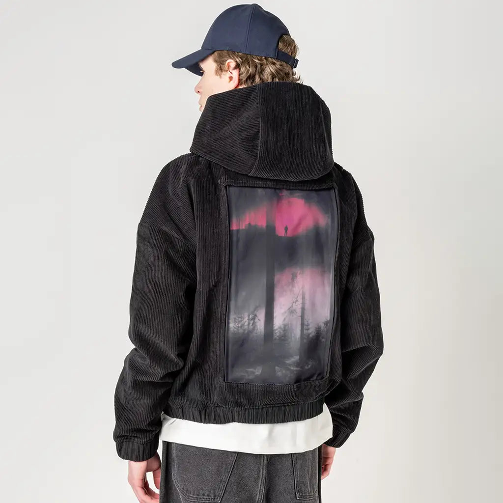 surrealforestdreamer patch on male retro cord hoodie in onyx