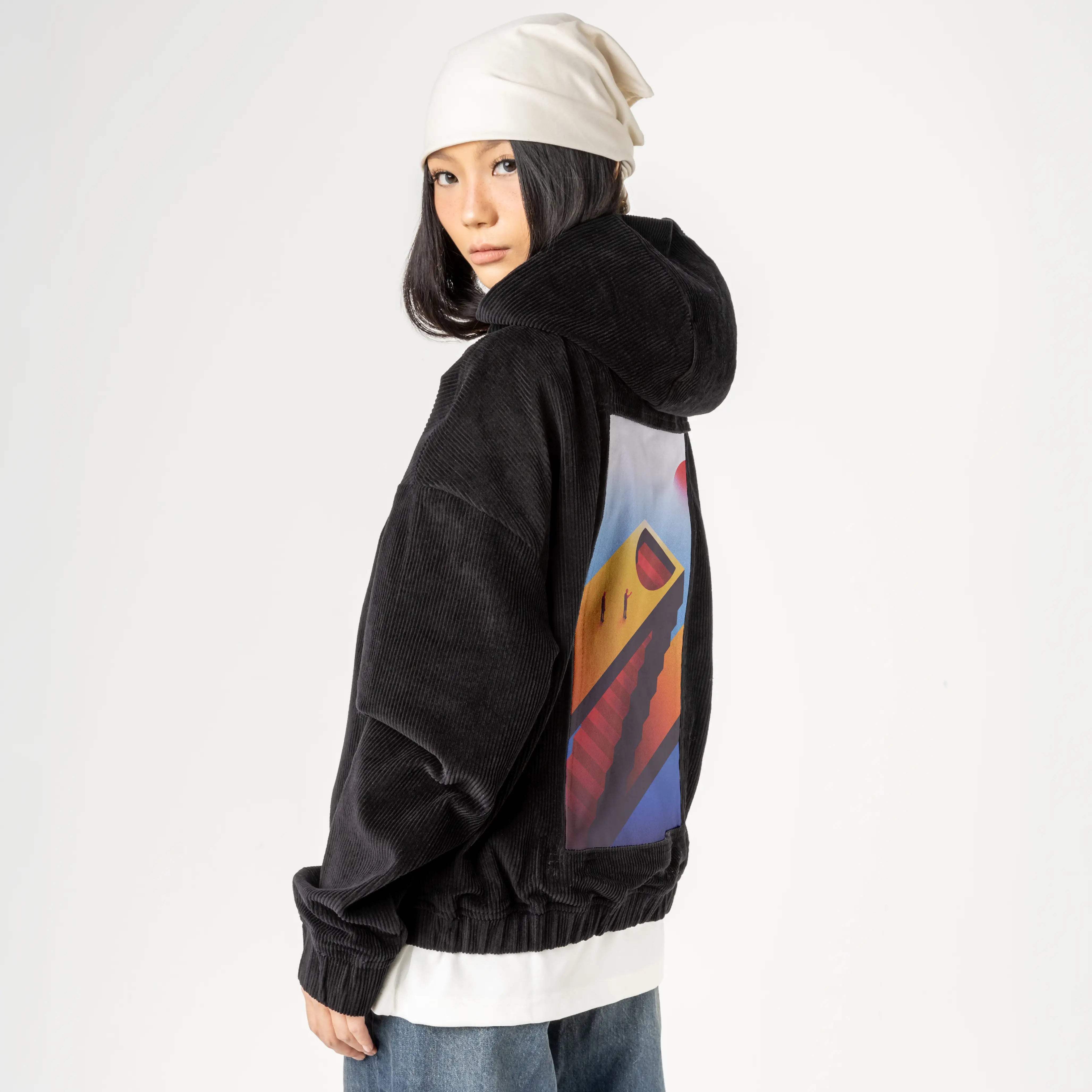 surrealjourneyahead patch on female retro cord hoodie in onyx