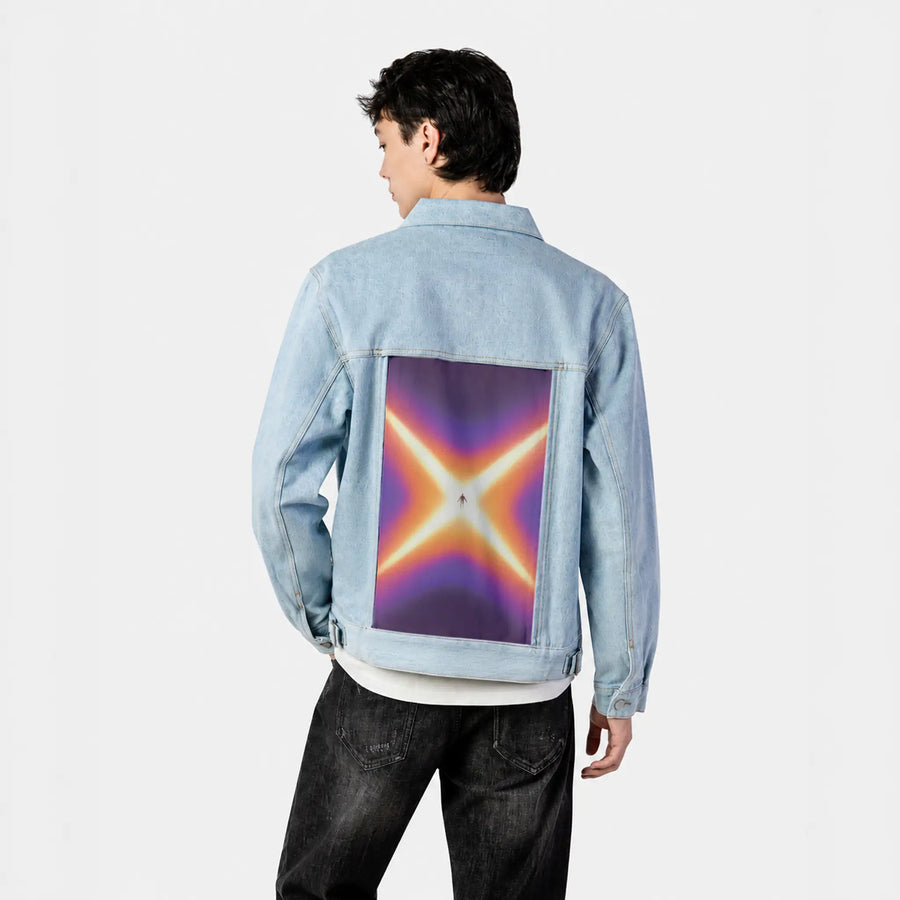 surrealjourneyascension patch on male og denim jacket in oceanside