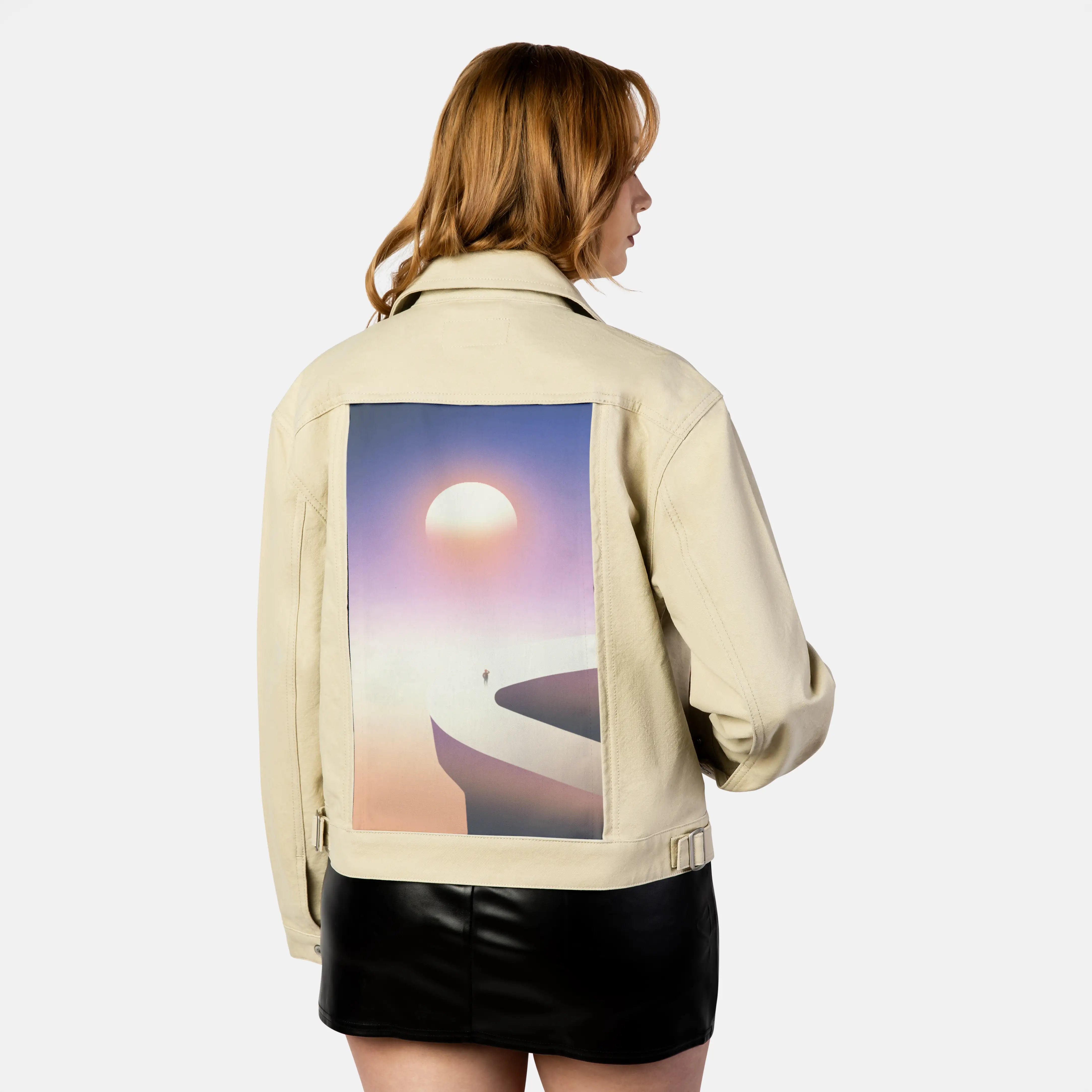 surrealjourneyhorizon patch on female atelier canvas jacket in tan