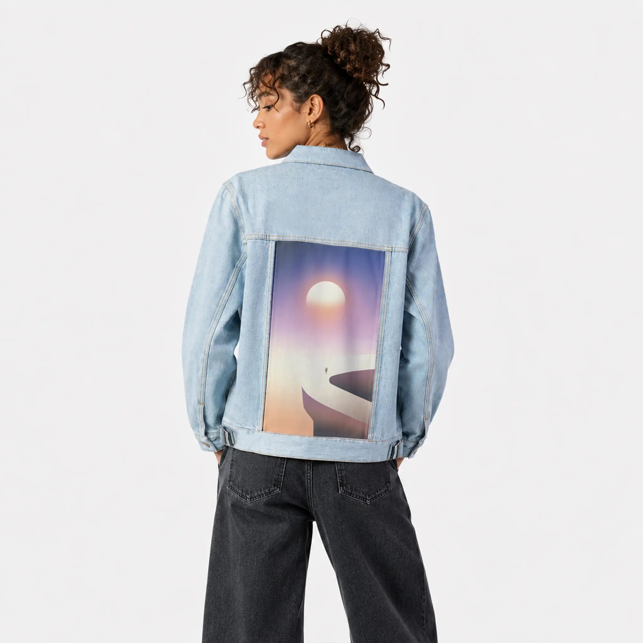 surrealjourneyhorizon patch on female og denim jacket in oceanside