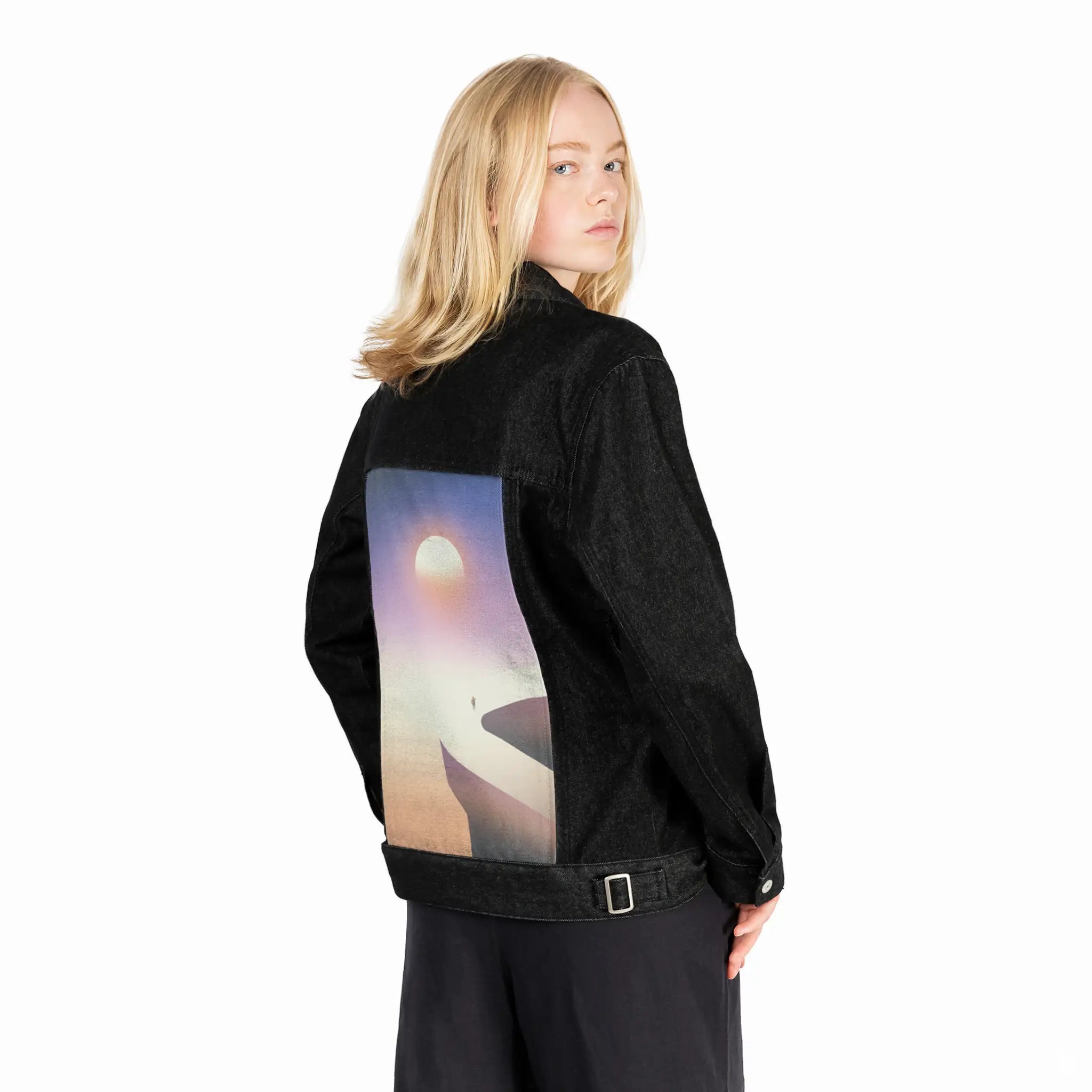 surrealjourneyhorizon patch on female og denim jacket in raven