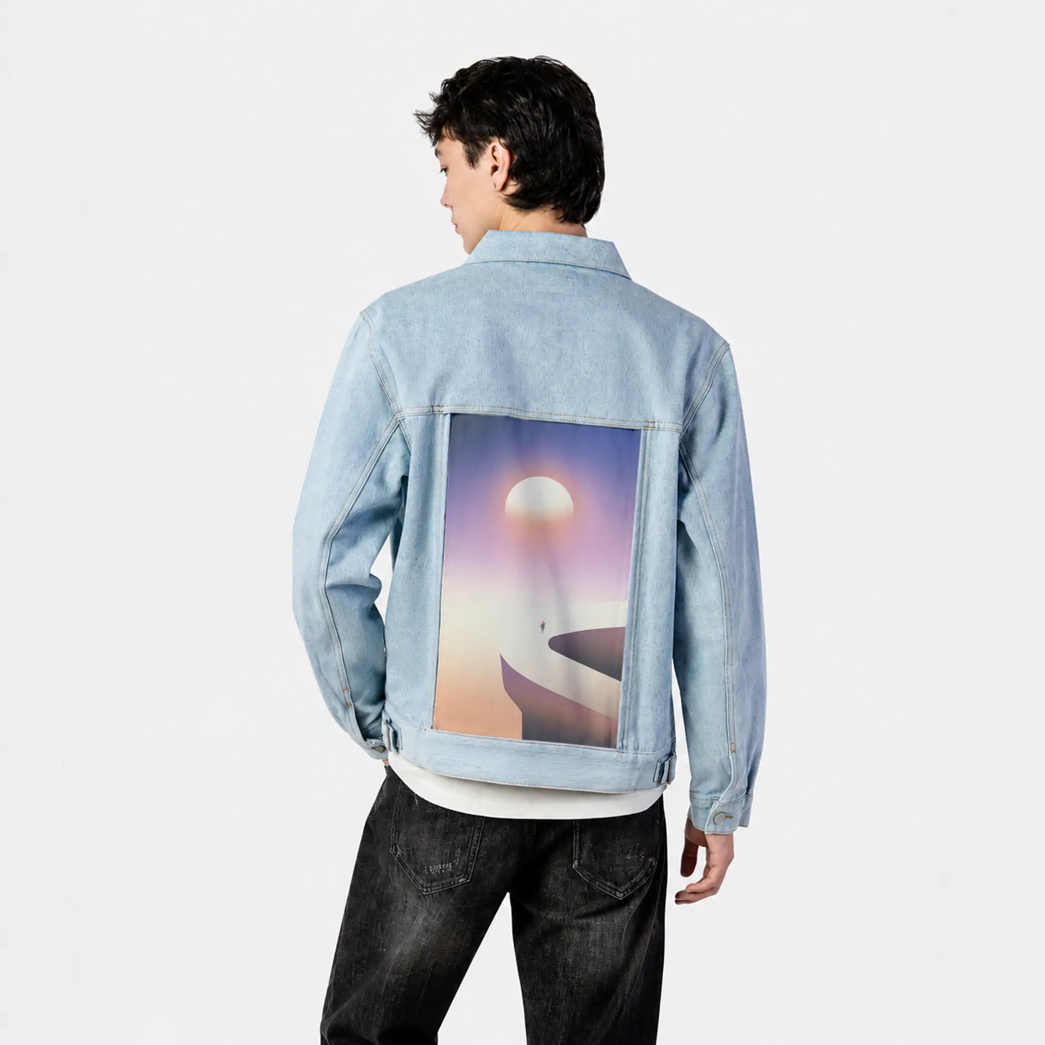 surrealjourneyhorizon patch on male og denim jacket in oceanside