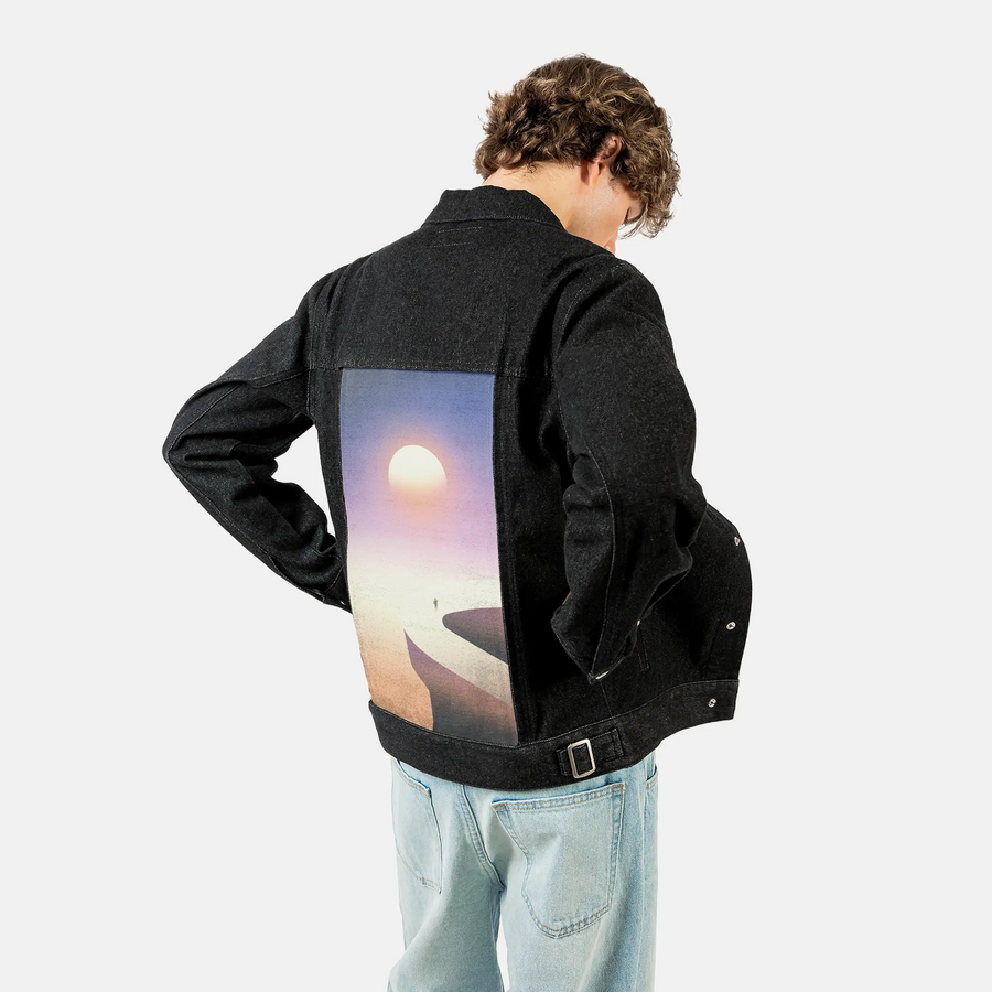 surrealjourneyhorizon patch on male og denim jacket in raven