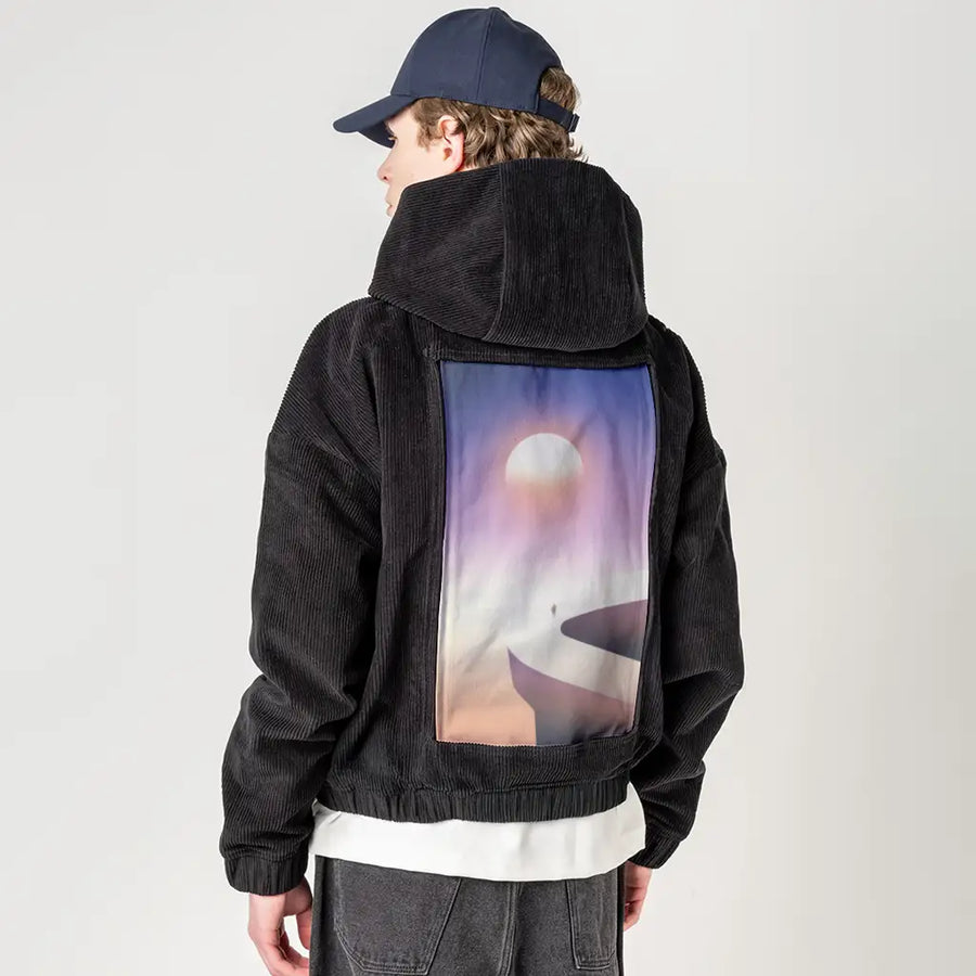 surrealjourneyhorizon patch on male retro cord hoodie in onyx