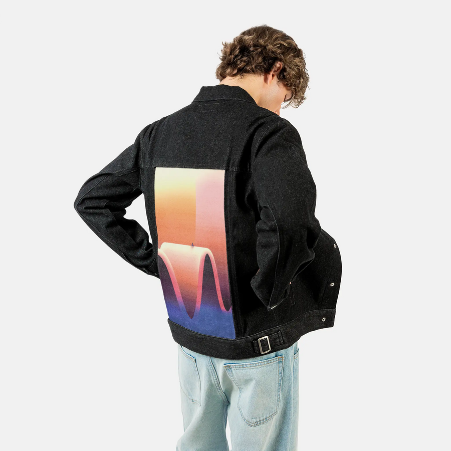 surrealjourneyup patch on male og denim jacket in raven