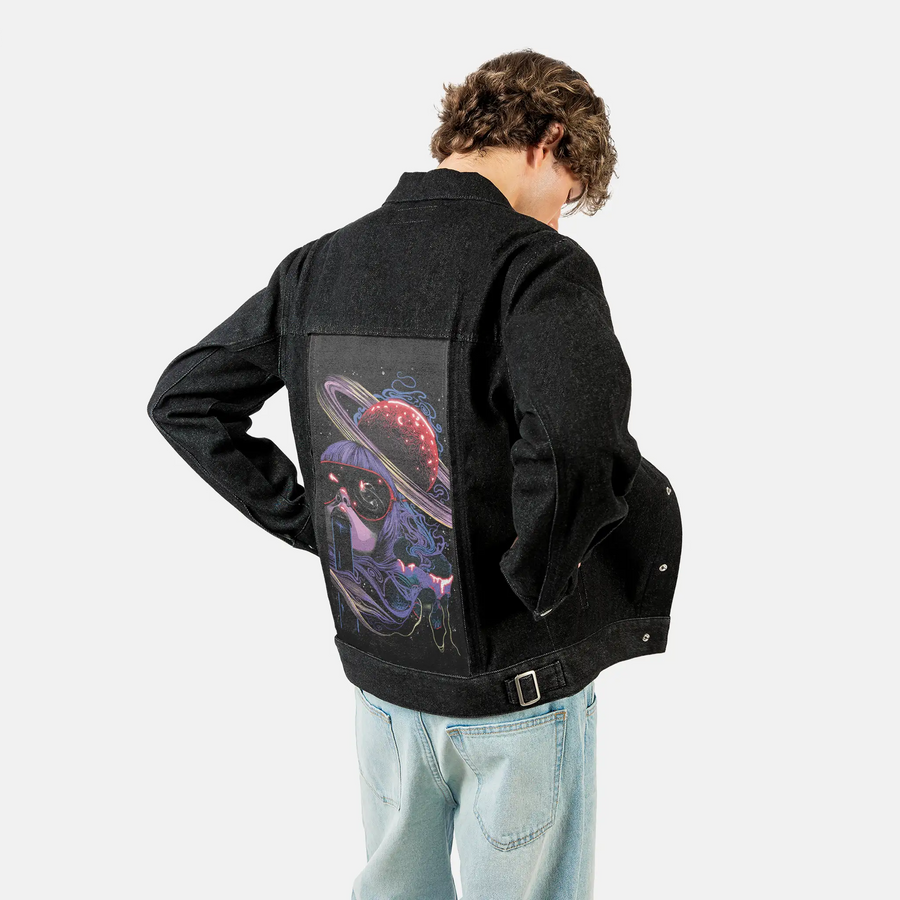surrealspace patch on male og denim jacket in raven