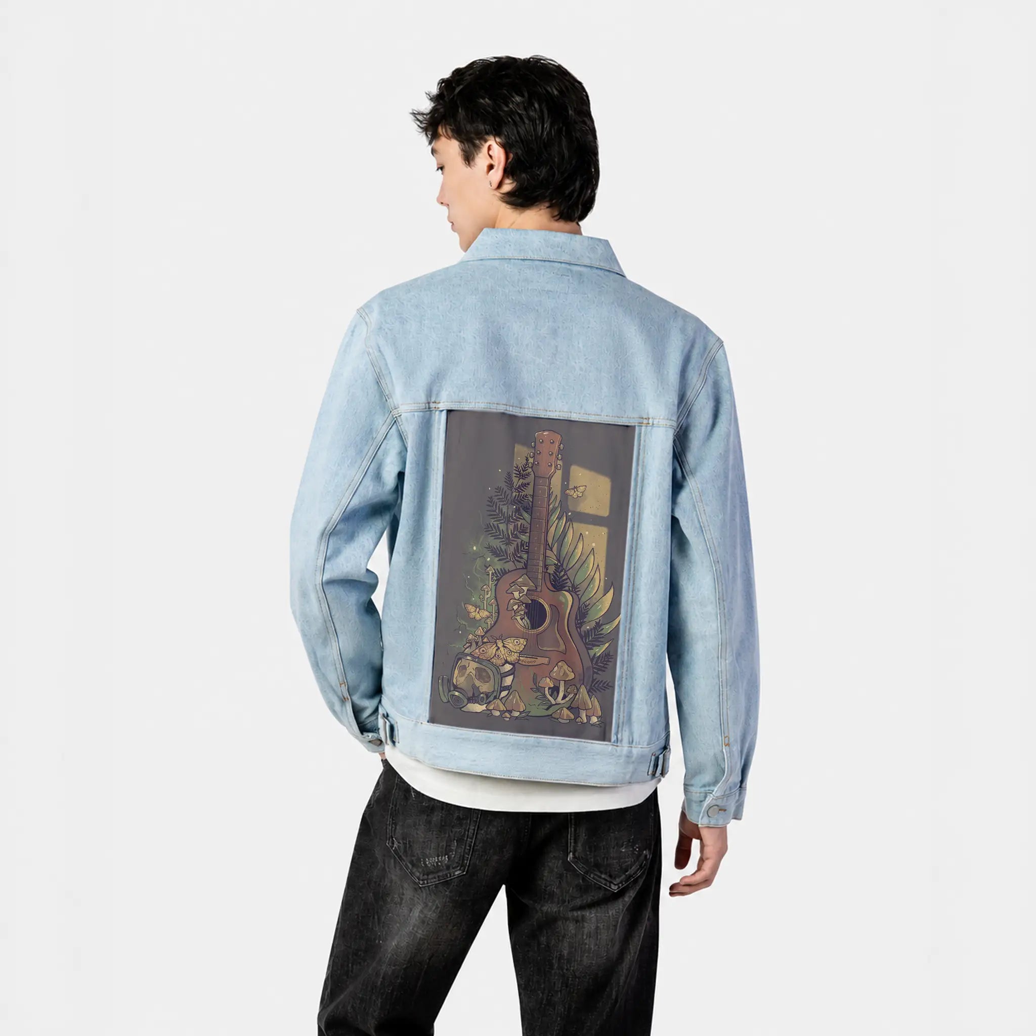 survivalsong patch on male og denim jacket in oceanside
