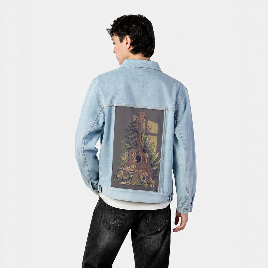 survivalsong patch on male og denim jacket in oceanside