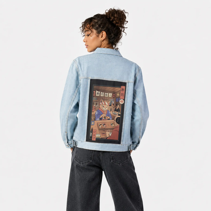 sushimeowster patch on female og denim jacket in oceanside