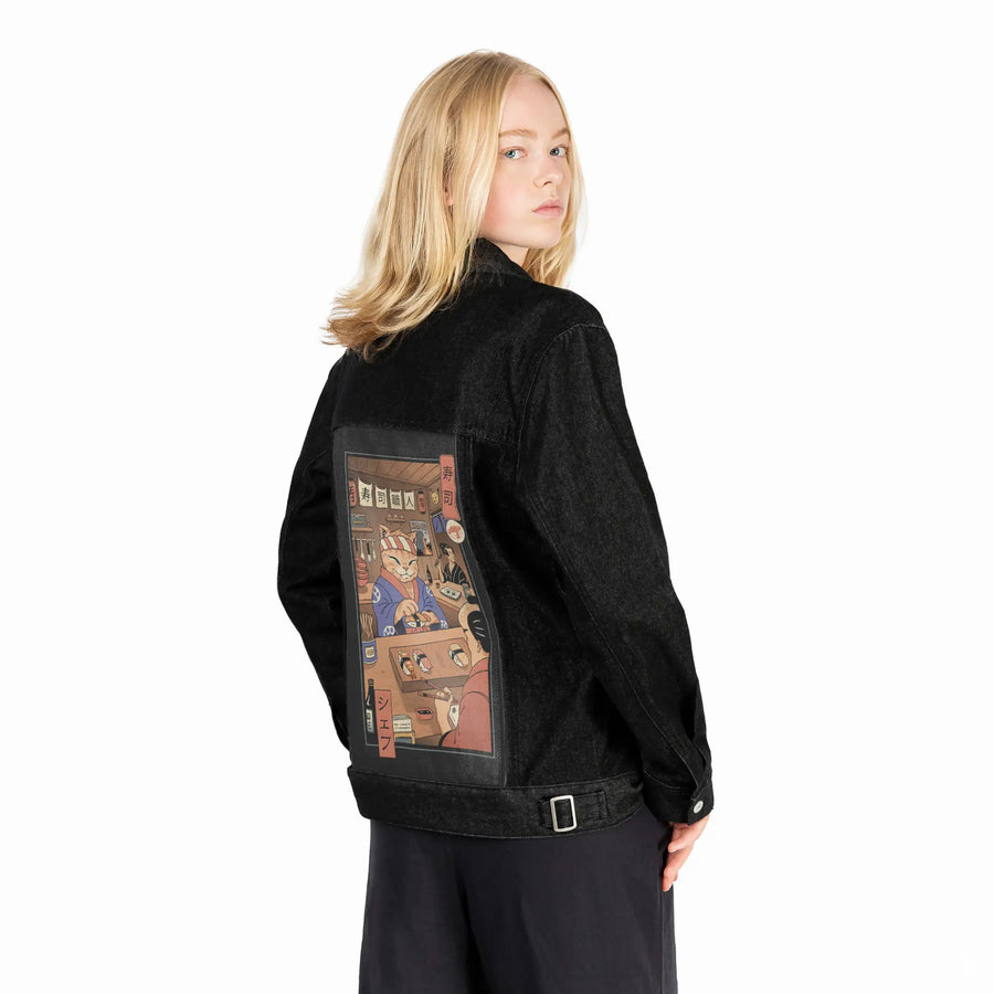 sushimeowster patch on female og denim jacket in raven