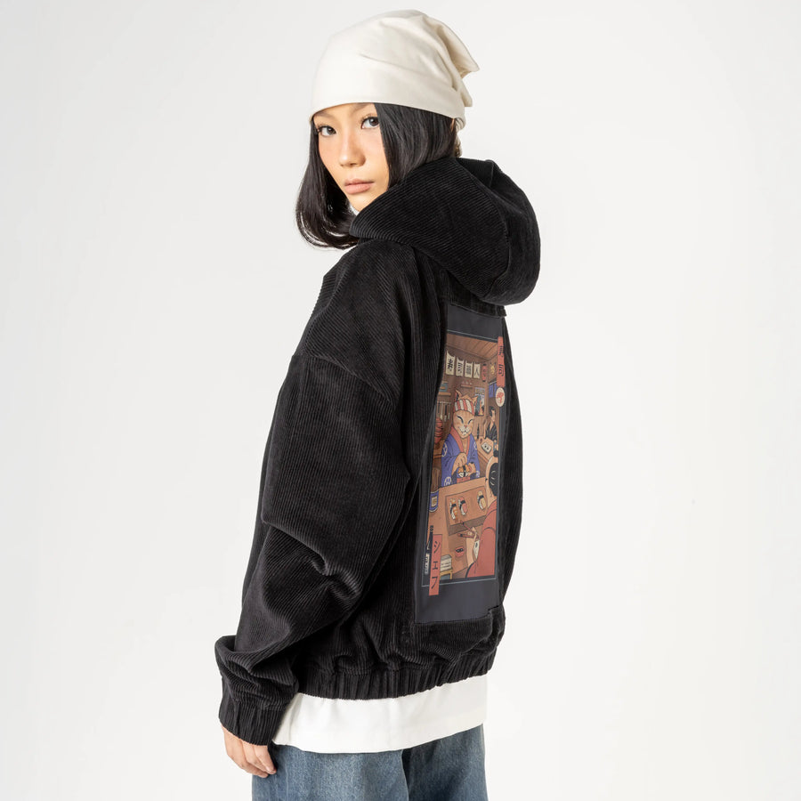 sushimeowster patch on female retro cord hoodie in onyx