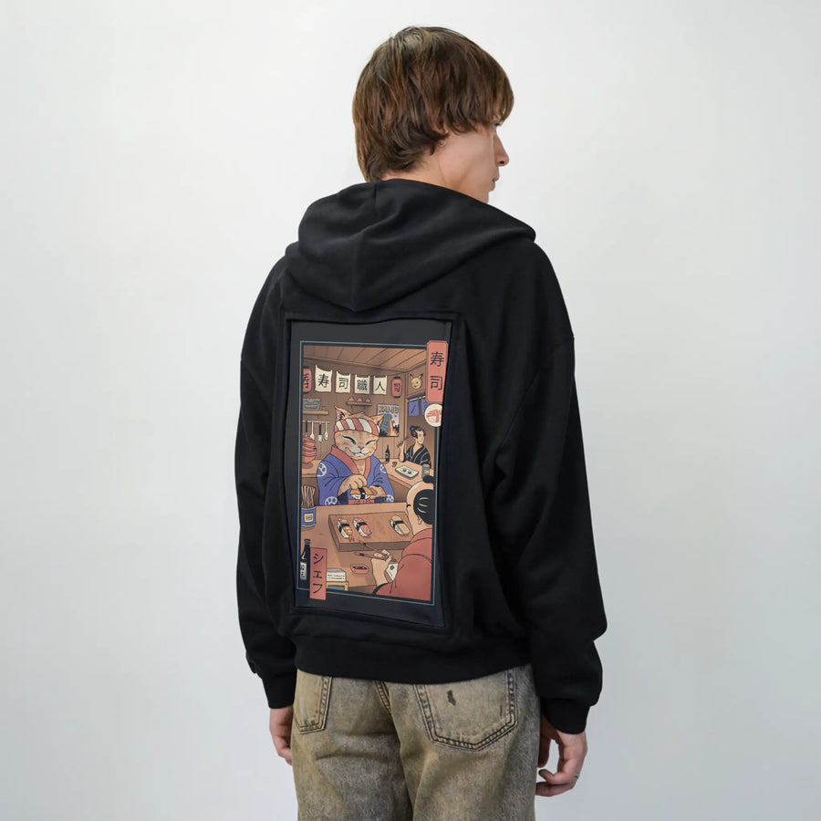 sushimeowster patch on male essential zip hoodie in after hours