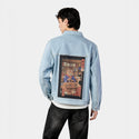 sushimeowster patch on male og denim jacket in oceanside