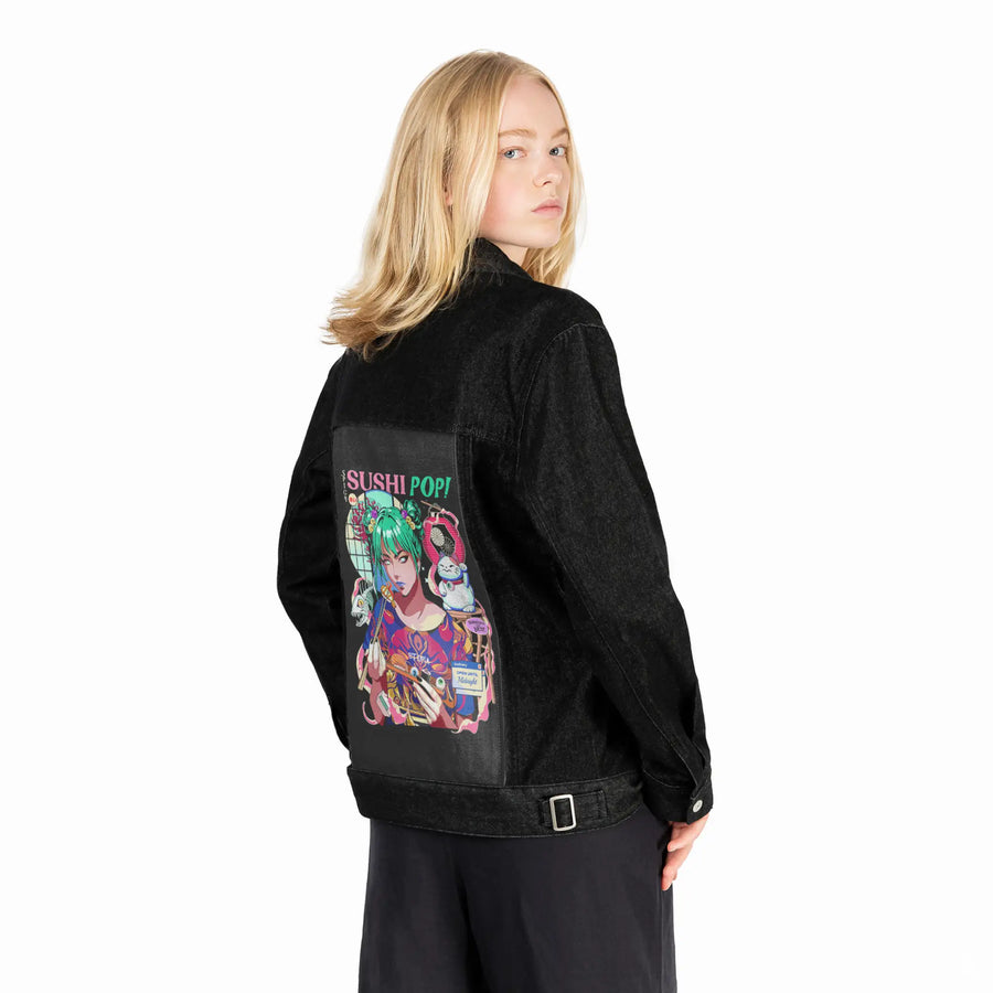 sushipop patch on female og denim jacket in raven