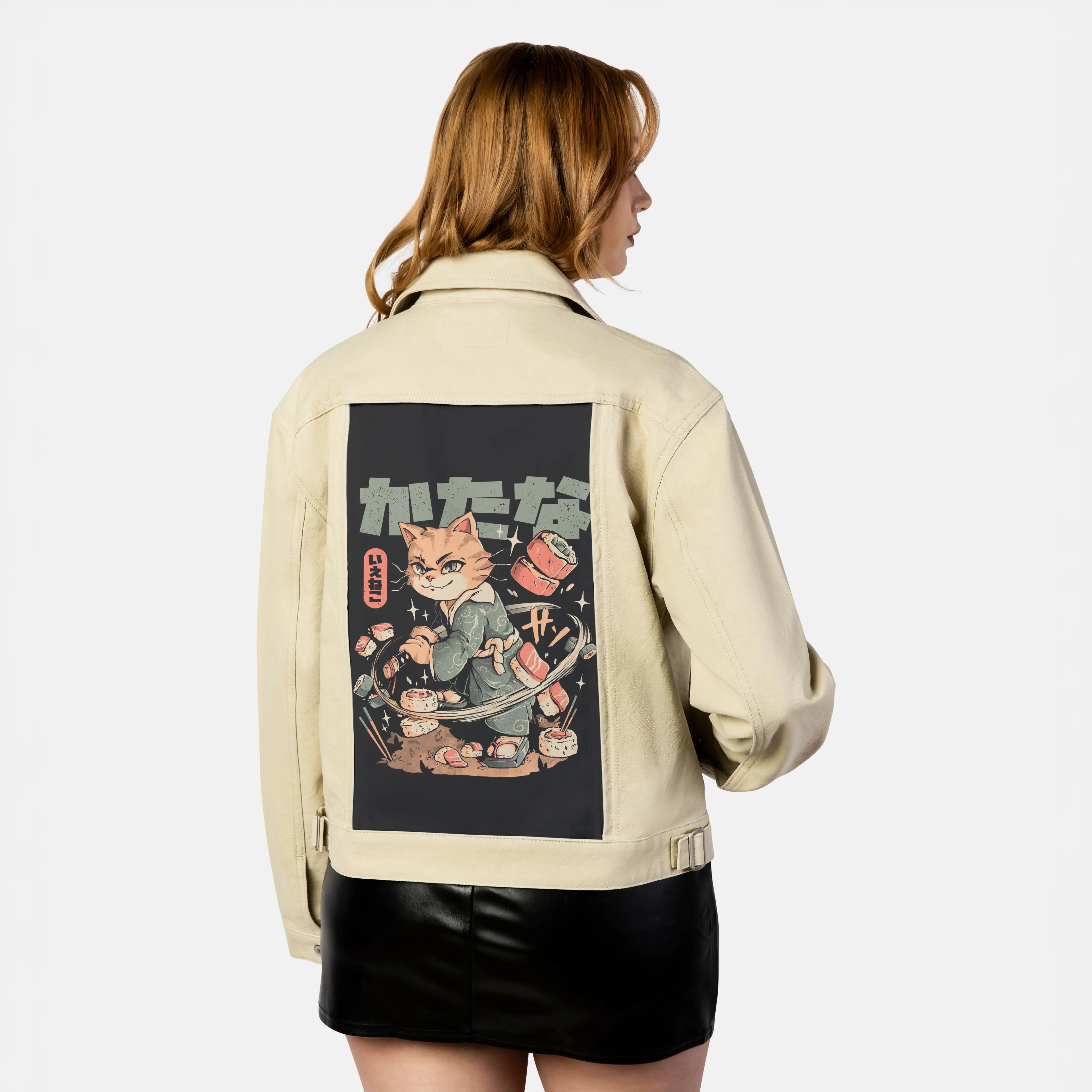sushislayercat patch on female atelier canvas jacket in tan
