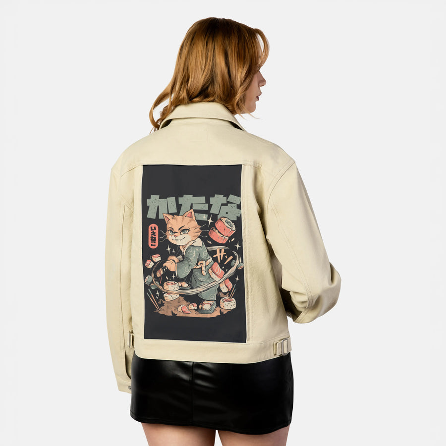 sushislayercat patch on female atelier canvas jacket in tan