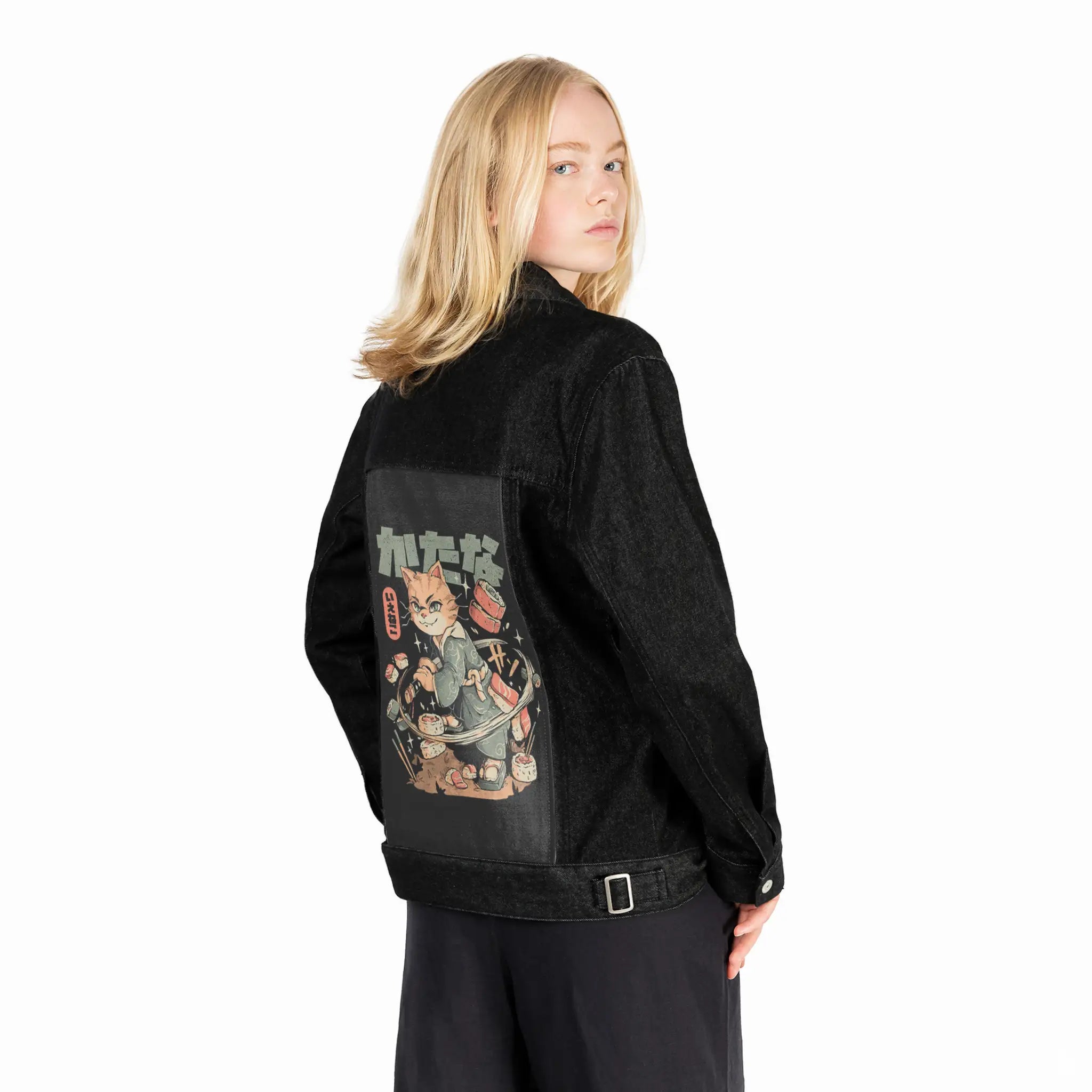 sushislayercat patch on female og denim jacket in raven