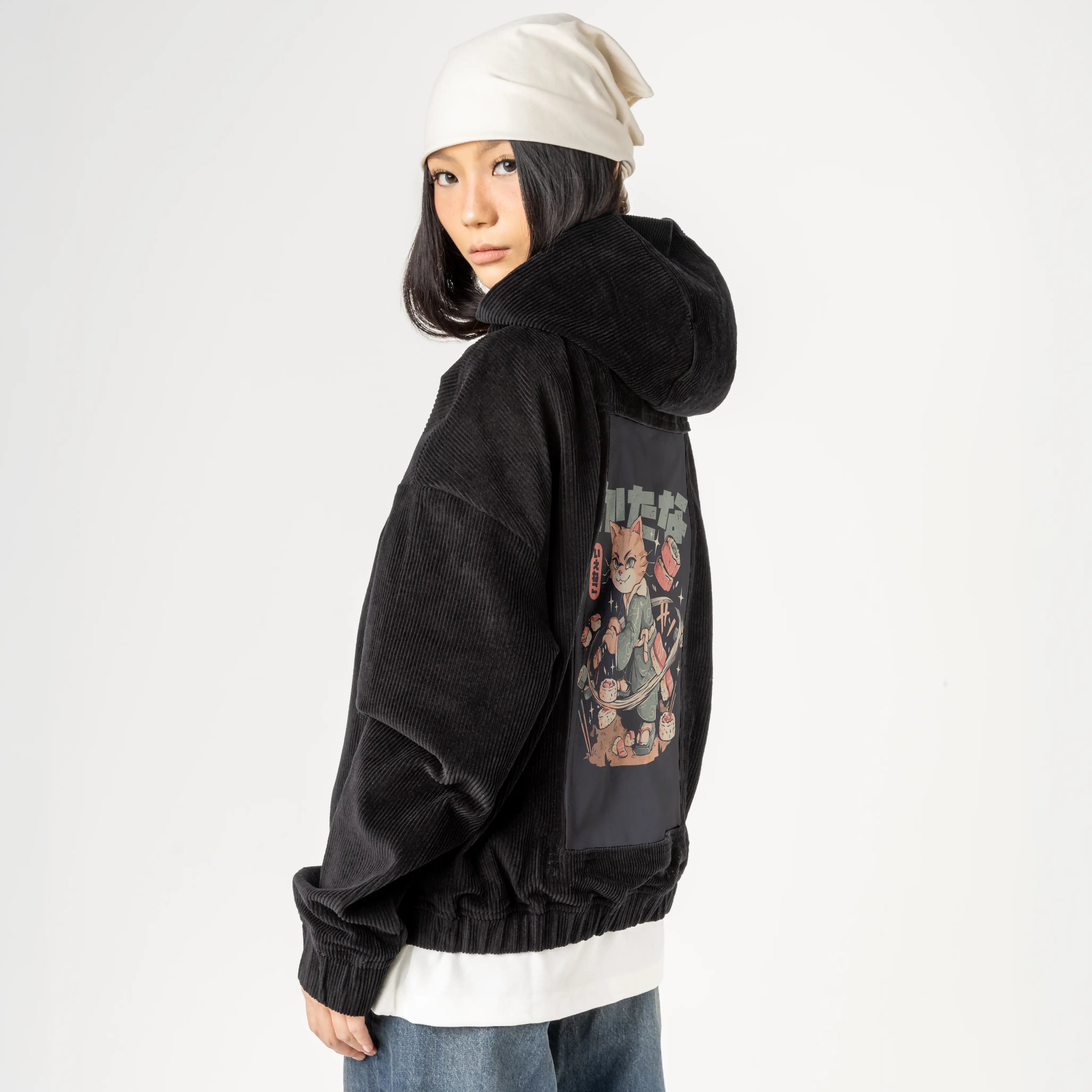 sushislayercat patch on female retro cord hoodie in onyx