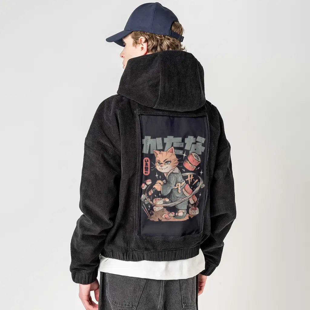sushislayercat patch on male retro cord hoodie in onyx