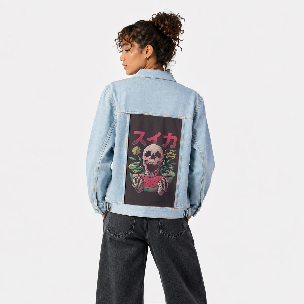 sweetdeath patch on female og denim jacket in oceanside