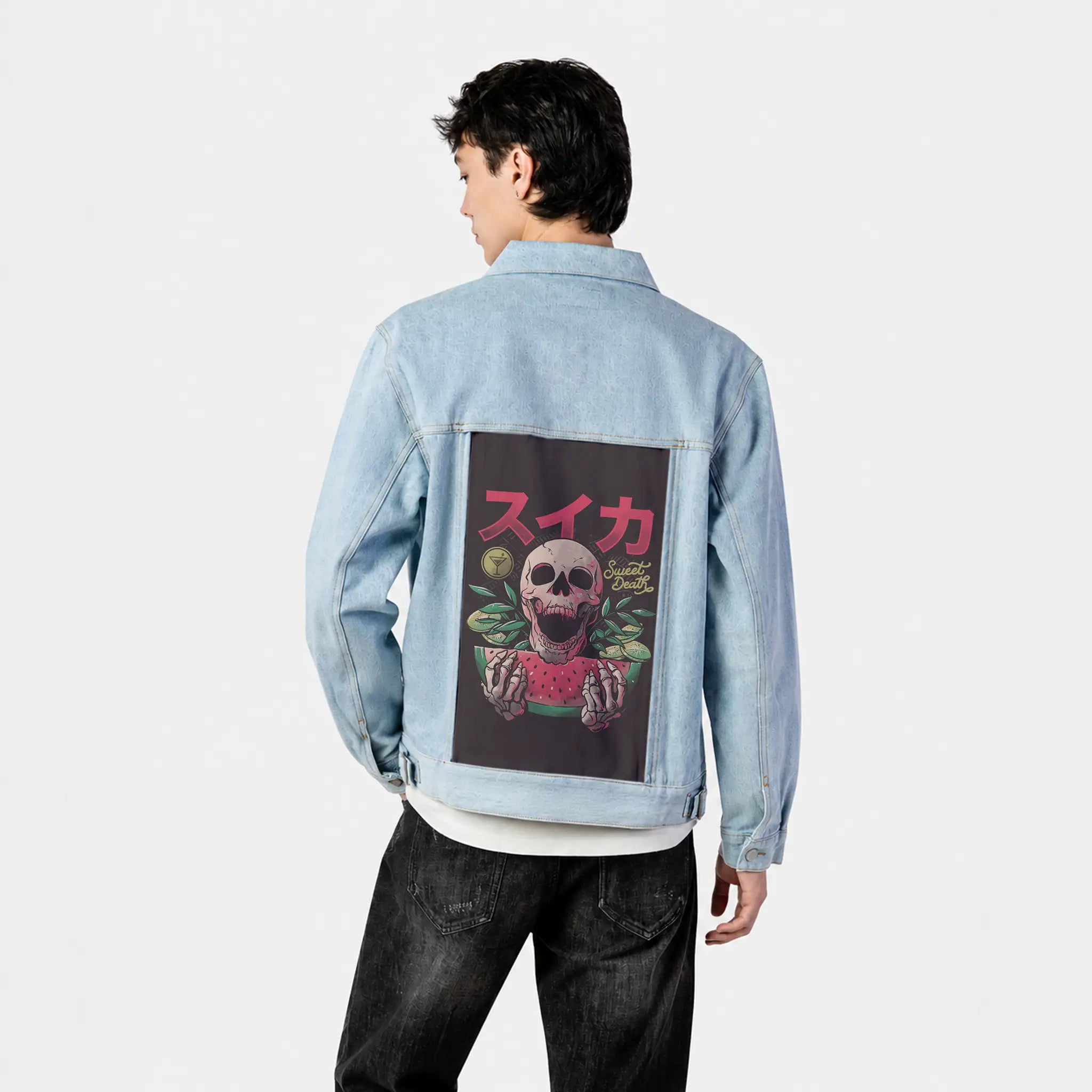sweetdeath patch on male og denim jacket in oceanside