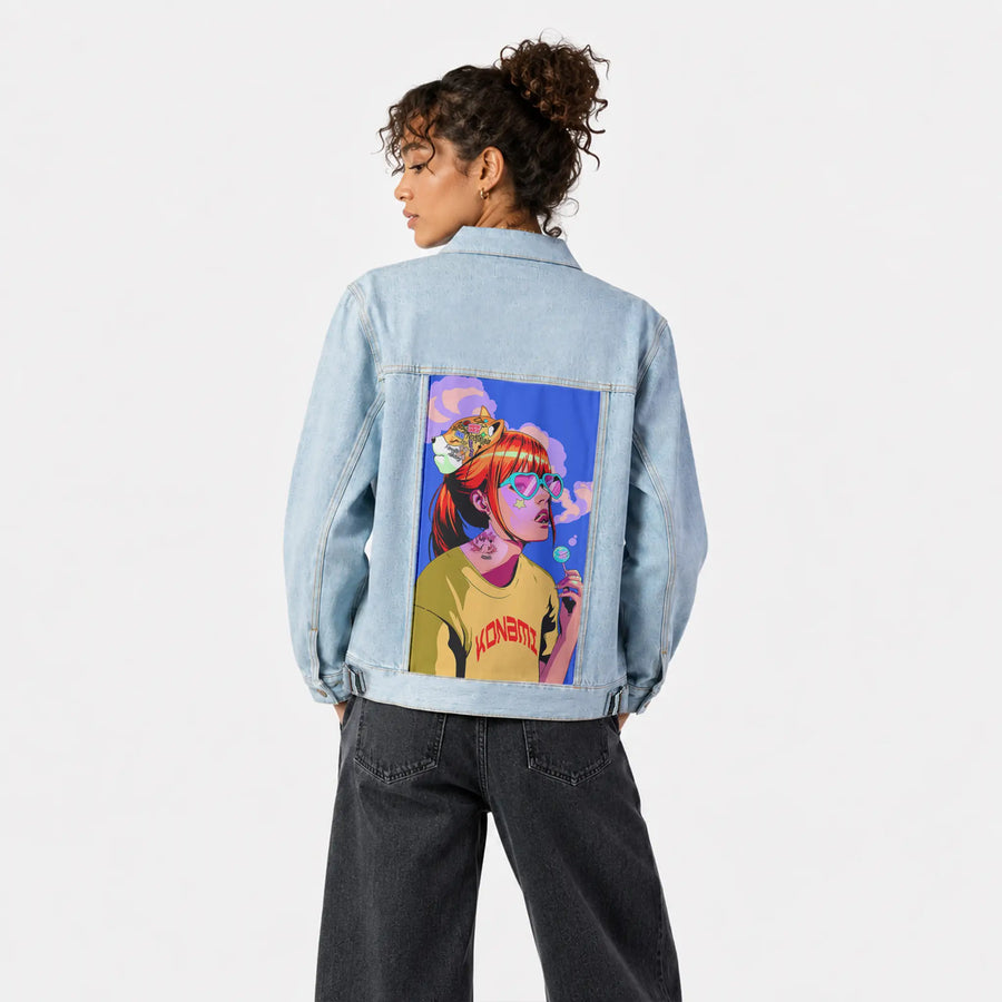 sweettooth patch on female og denim jacket in oceanside