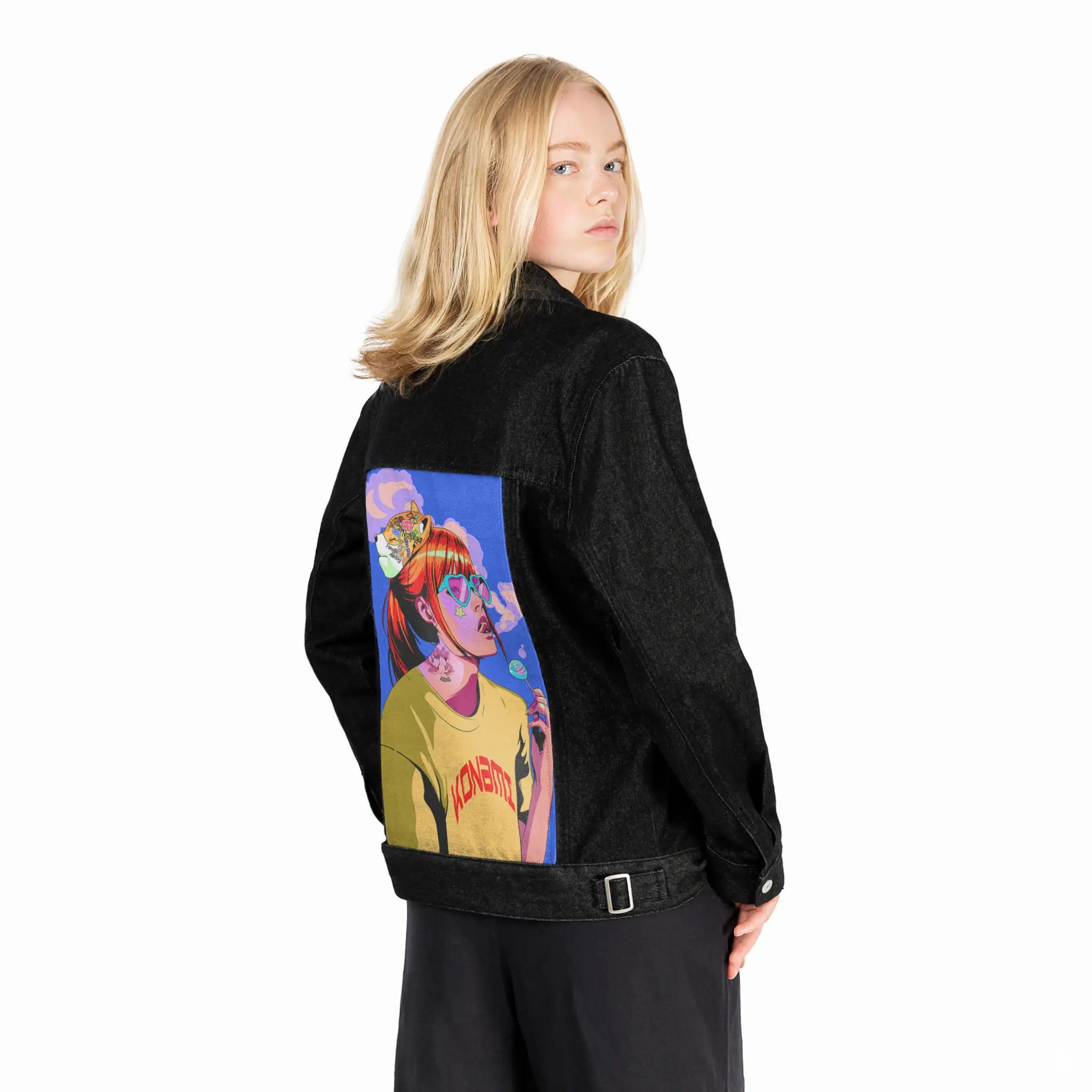 sweettooth patch on female og denim jacket in raven