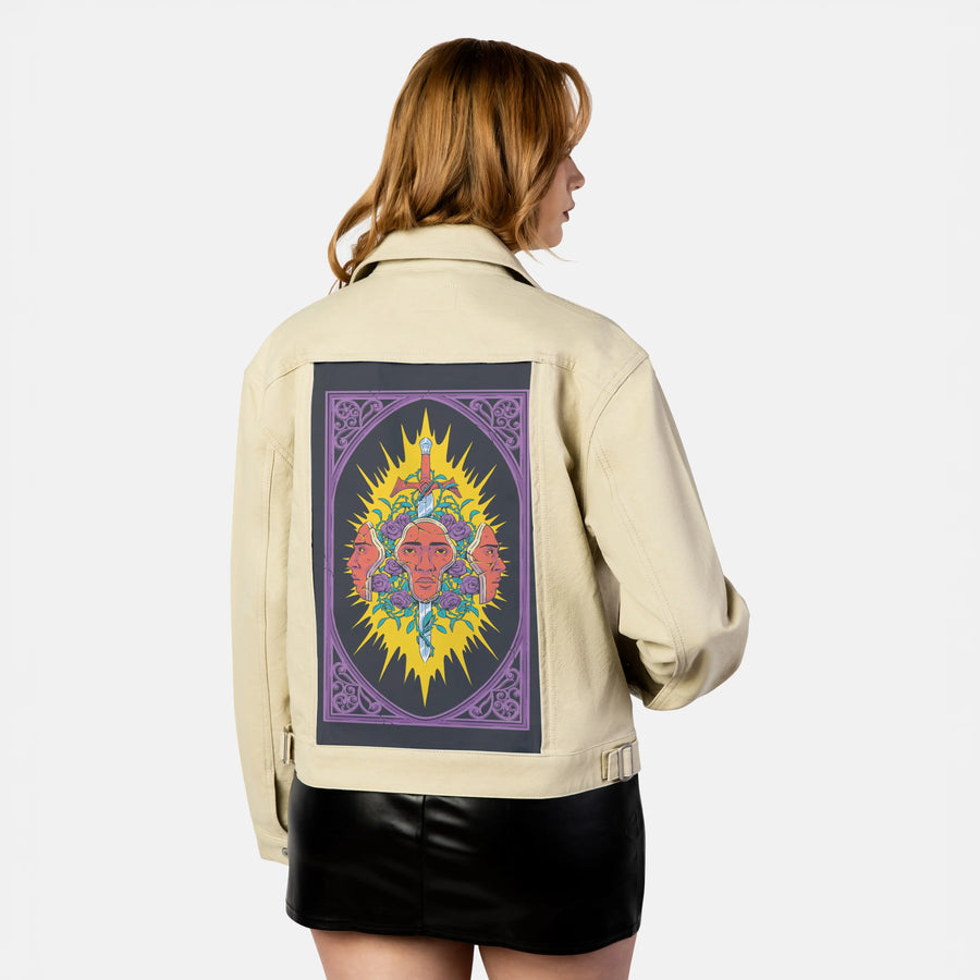 swordofdamocles patch on female atelier canvas jacket in tan