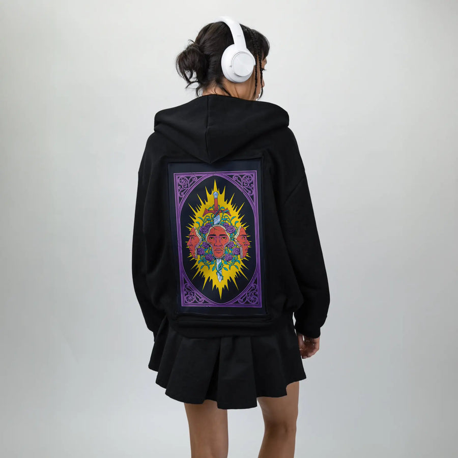 swordofdamocles patch on female essential zip hoodie in after hours