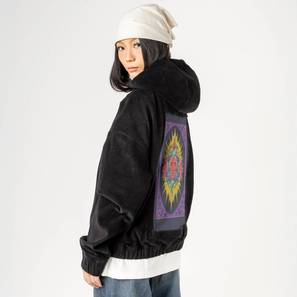 swordofdamocles patch on female retro cord hoodie in onyx