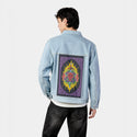 swordofdamocles patch on male og denim jacket in oceanside