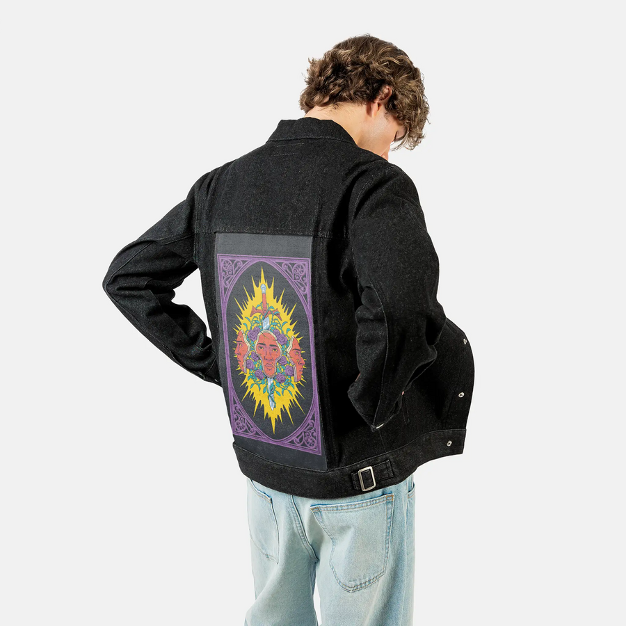 swordofdamocles patch on male og denim jacket in raven