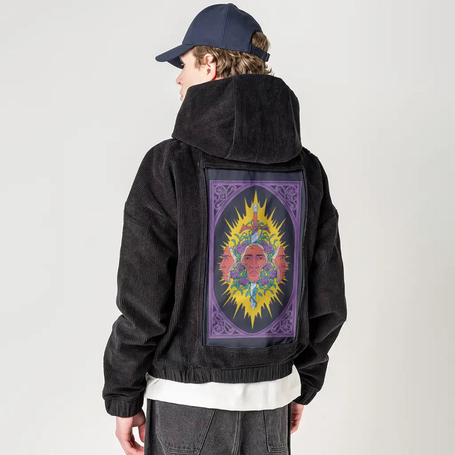 swordofdamocles patch on male retro cord hoodie in onyx