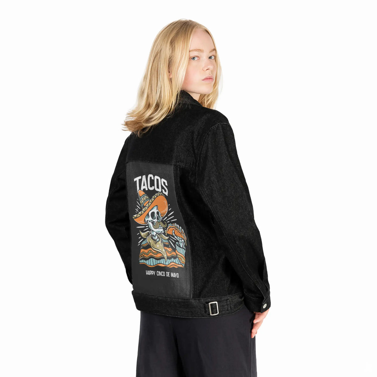 tacos patch on female og denim jacket in raven