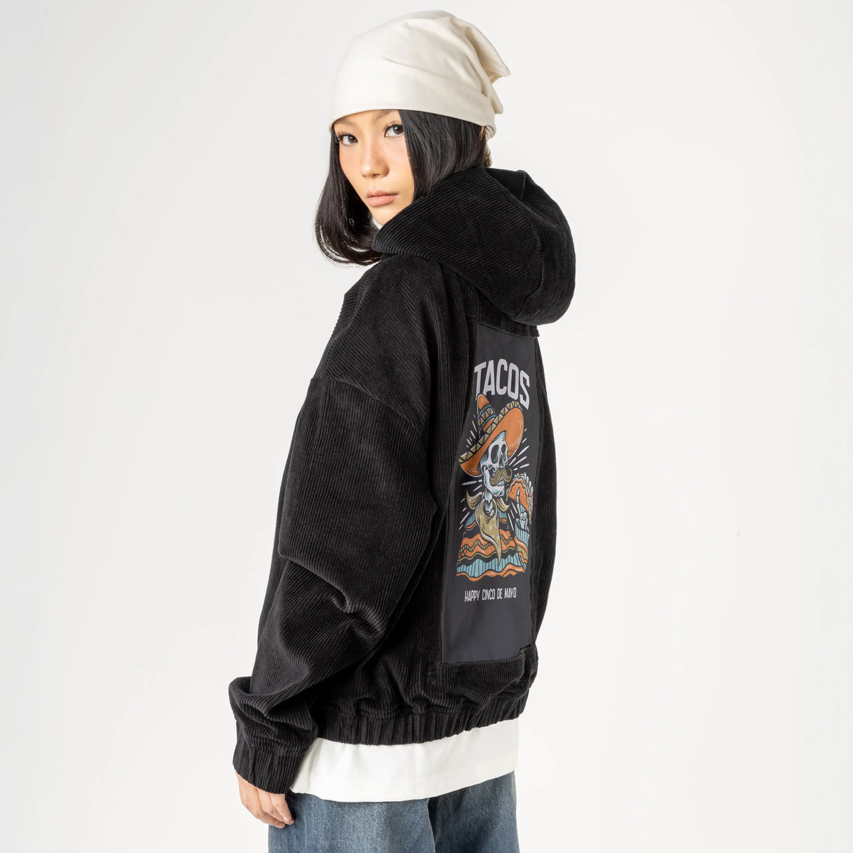 tacos patch on female retro cord hoodie in onyx